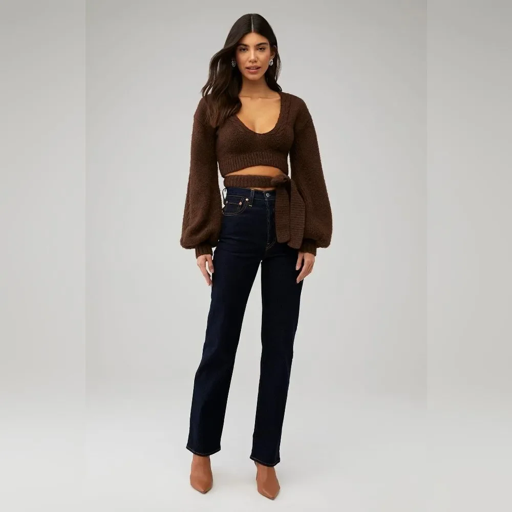 For Love & Lemons Amelia Cropped Sweater in Brown - Size XS